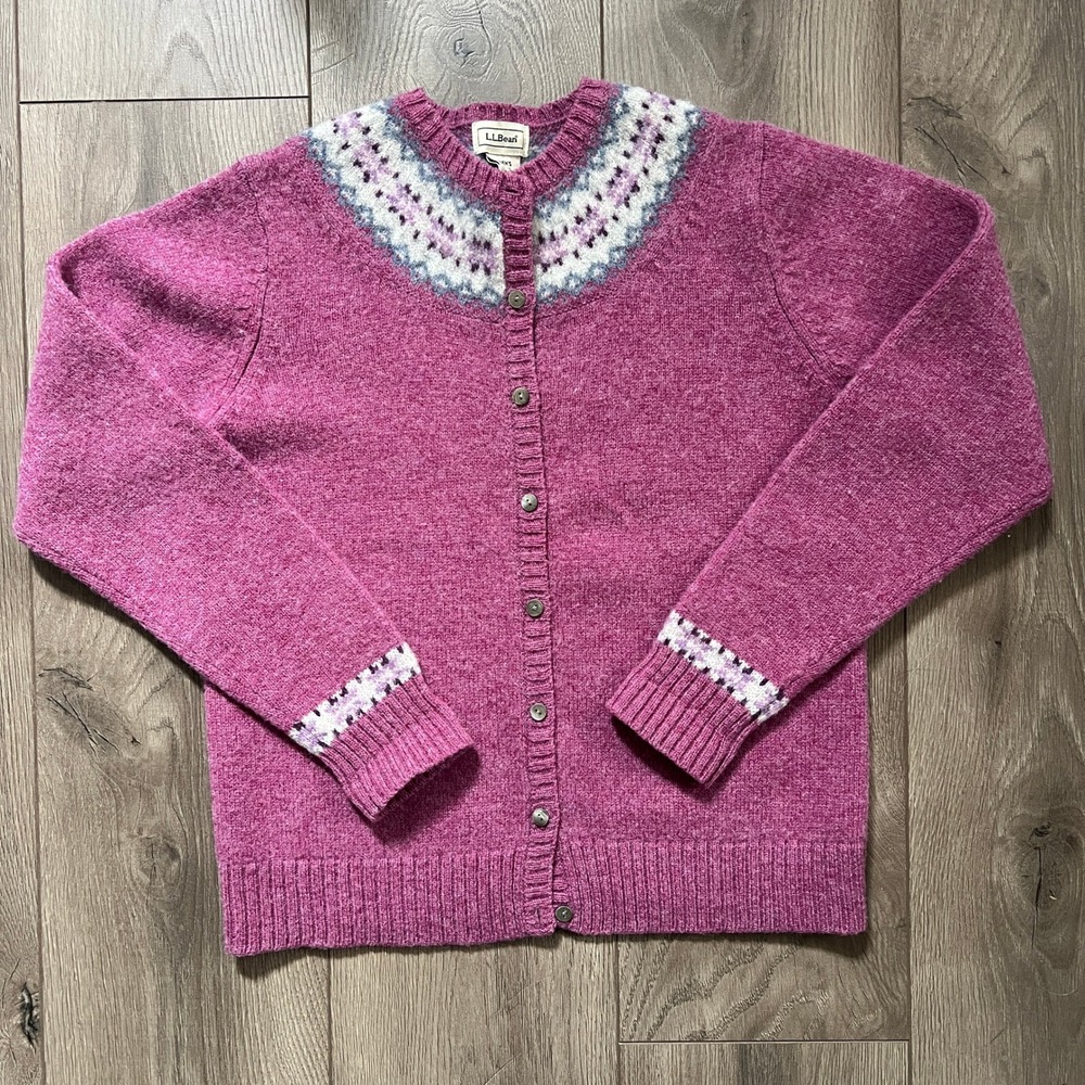 LL Bean Womens Shetland Wool Fair Isle Cardigan Sweater Pink Magenta Small 0WH46